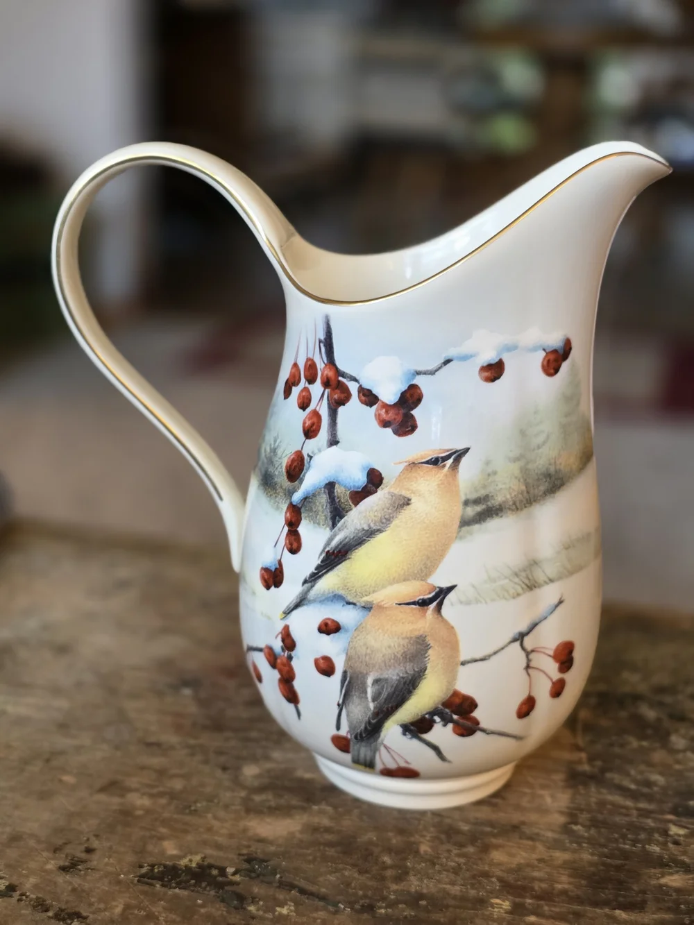 Lenox Ceramic Pitcher with Cardinal and Chickadee Illustration in Red and White